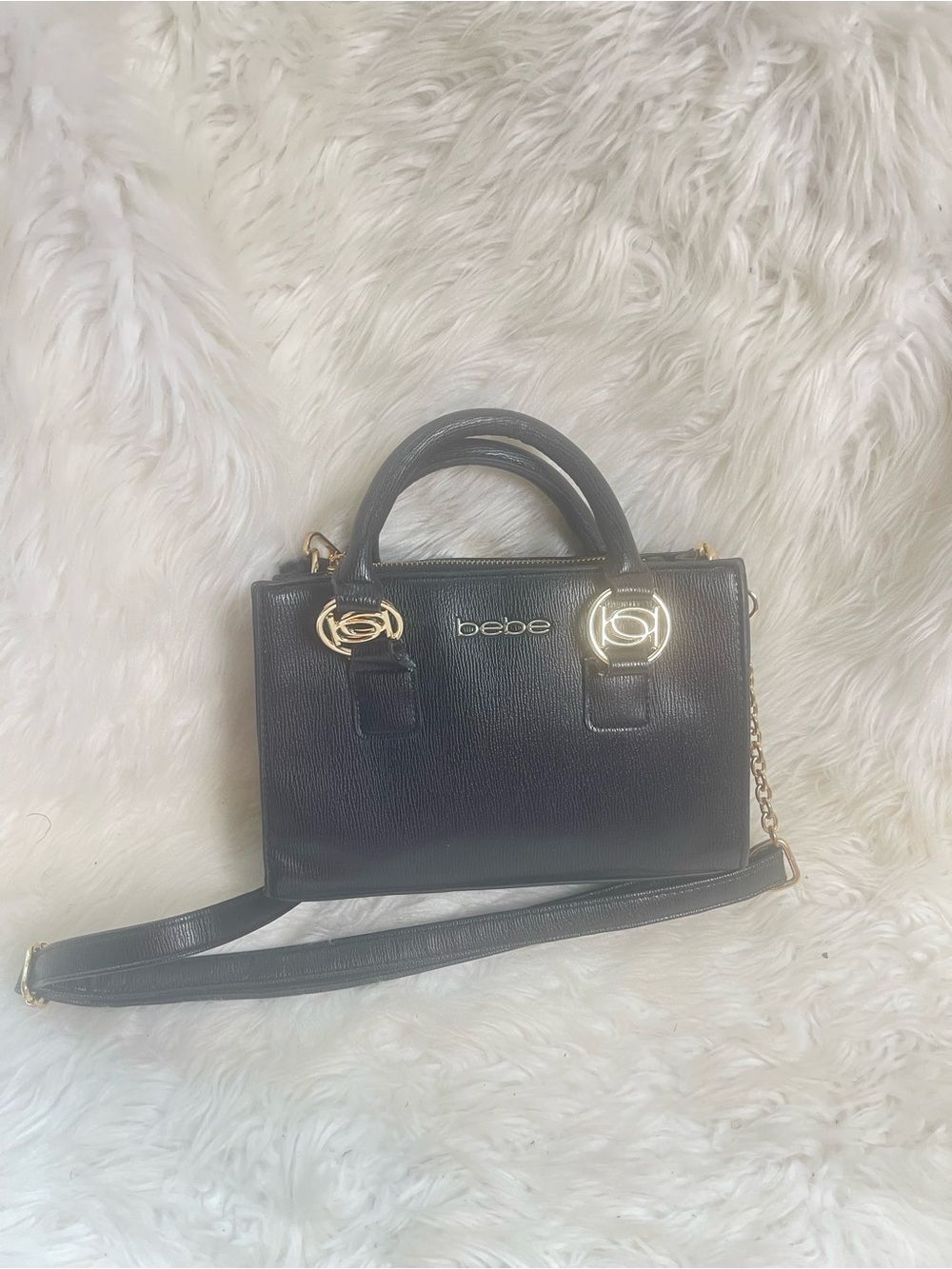 bebe Black Leather Mini Satchel /cross body bag with Gold Accents